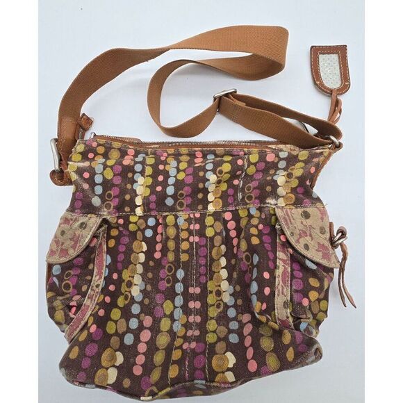 Fossil Multicolor Polka Dot Canvas Crossbody Bag W Floral Interior & Adjustable - Picture 2 of 5